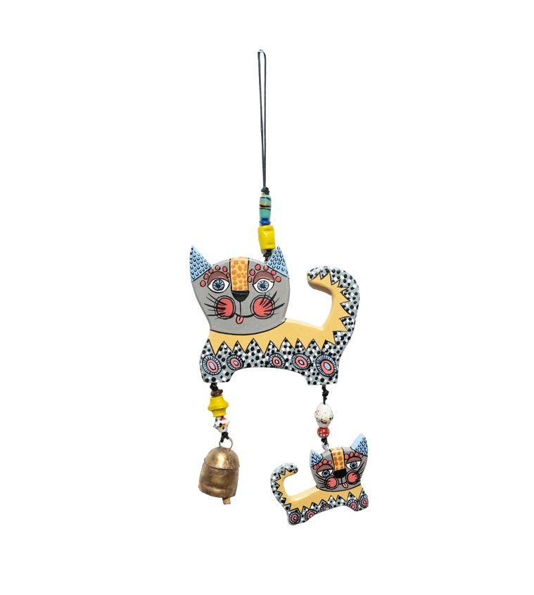 Two Happy Wooden Cats Beads And Bell