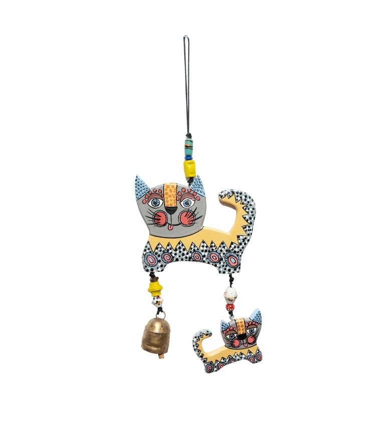Two Happy Wooden Cats Beads And Bell