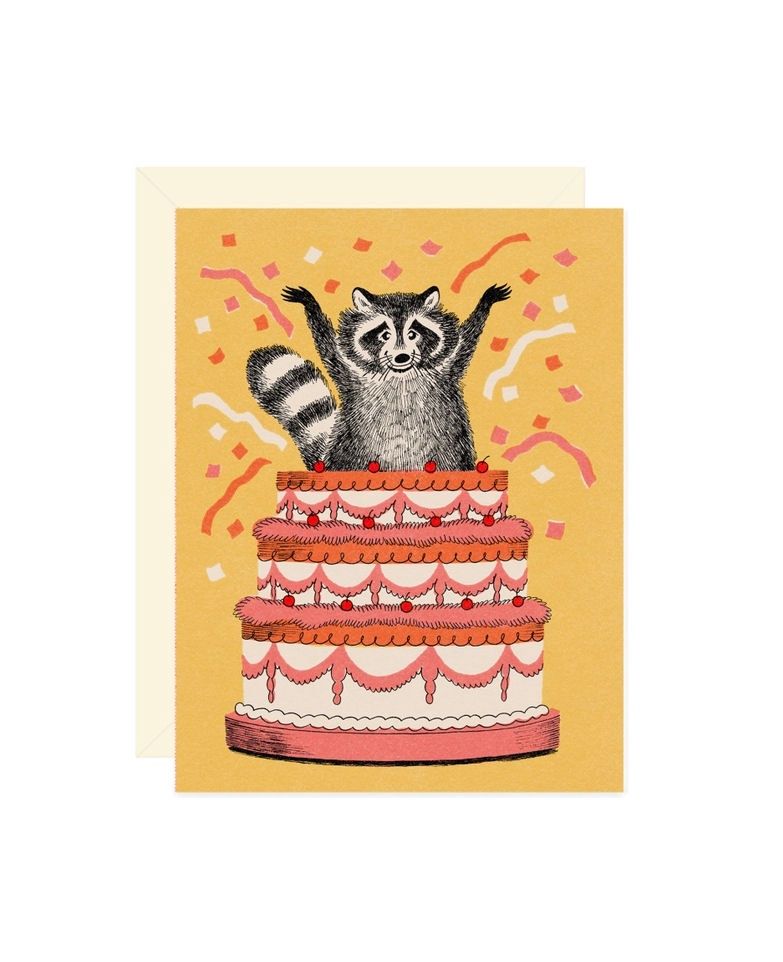 Raccoon And Cake Birthday Card