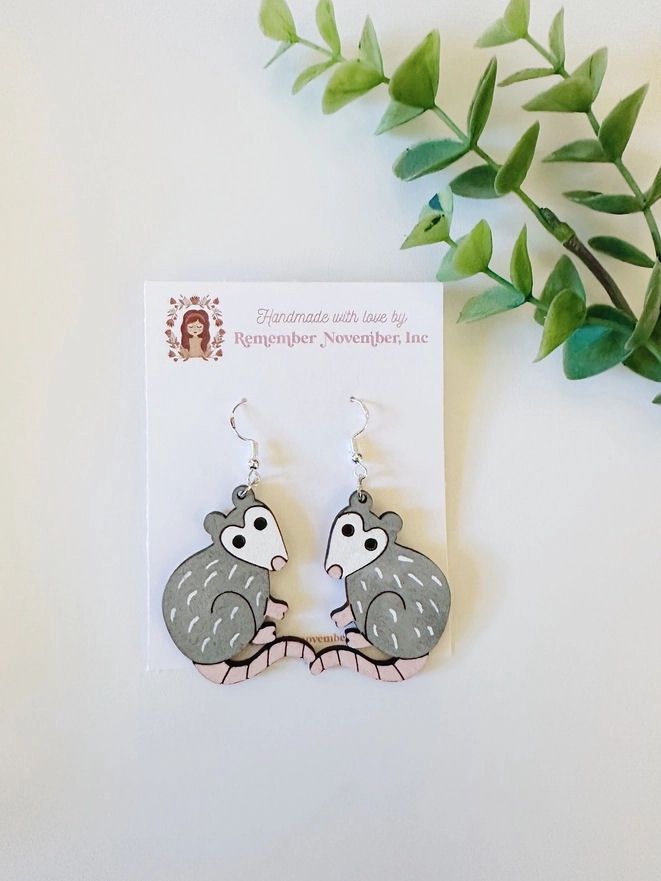Handmade Opossum Wood Dangle Earrings