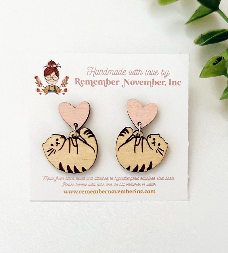 Handmade Cat Hanging From Heart Wood Post Earrings
