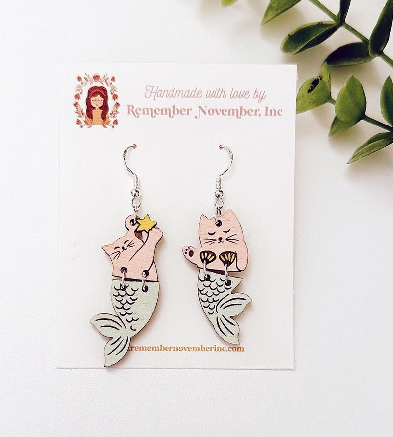 Handmade Mermaid Cat Wood Dangle Earrings