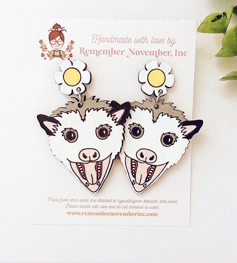Handmade Opossum With Flower Wood Dangle Earrings