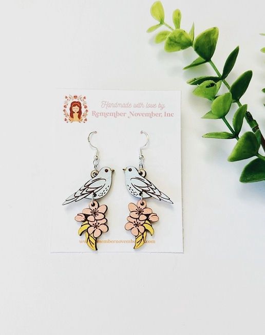 Handmade Floral Bird Wood Dangle Earrings