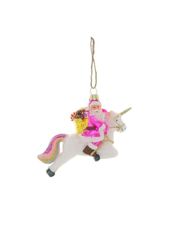 Magical Fantastical Pink Santa Unicorn Glass Ornament