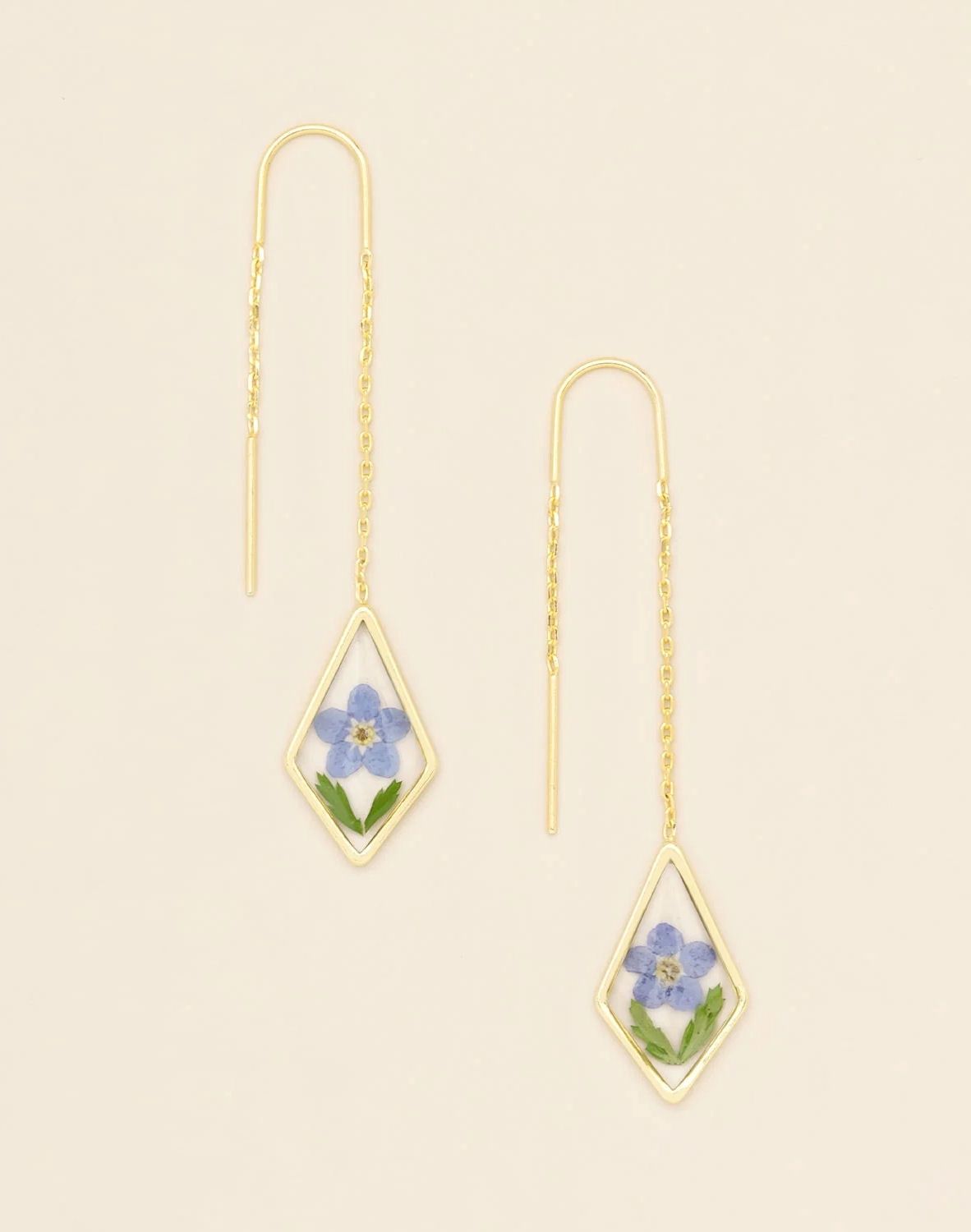 Pressed Flower Blue Forget Me Not Gold Thread Earrings
