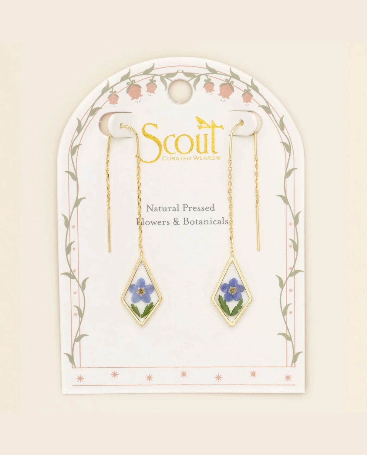 Pressed Flower Blue Forget Me Not Gold Thread Earrings