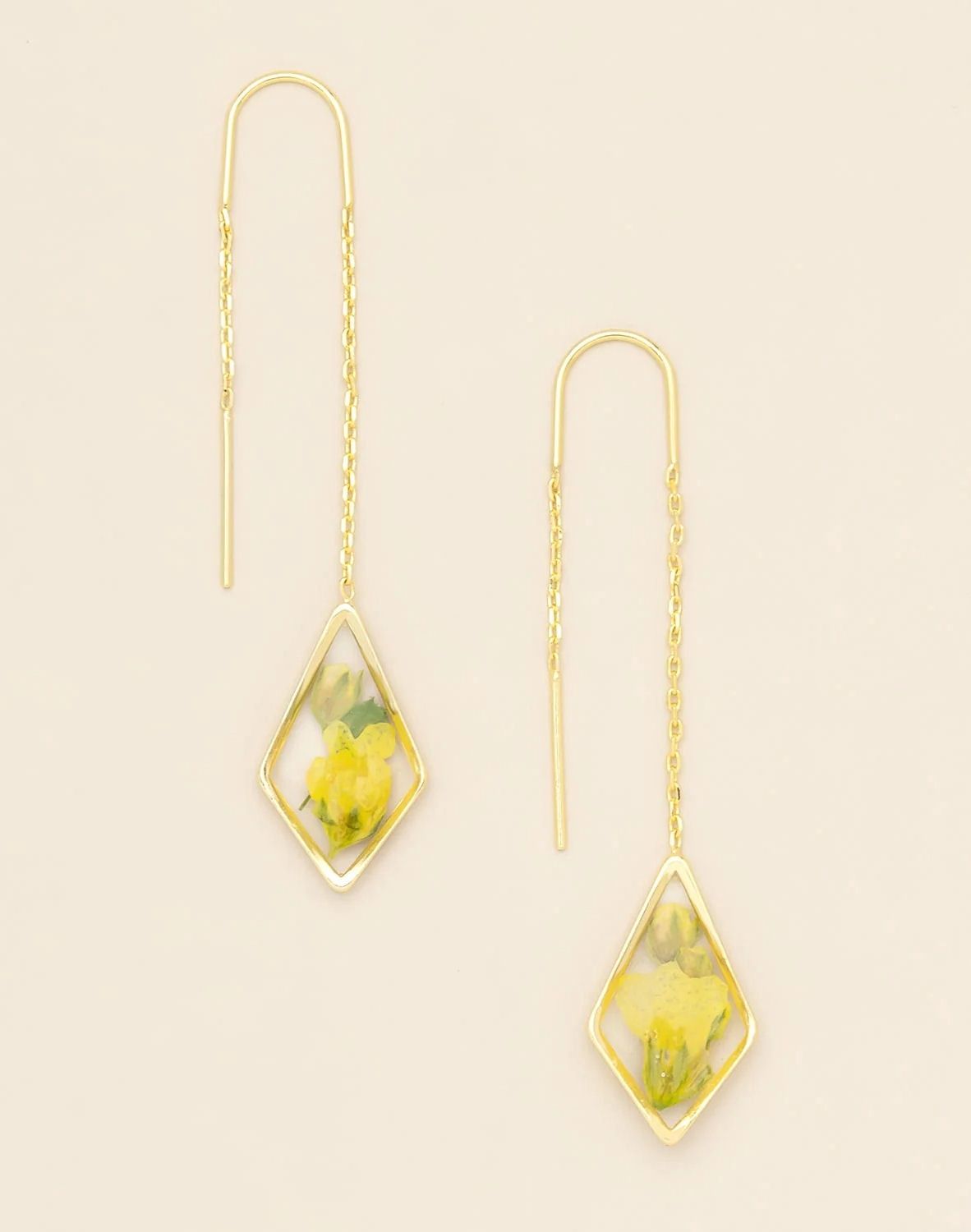 Pressed Flower Yellow Baby's Breath Gold Thread Earrings