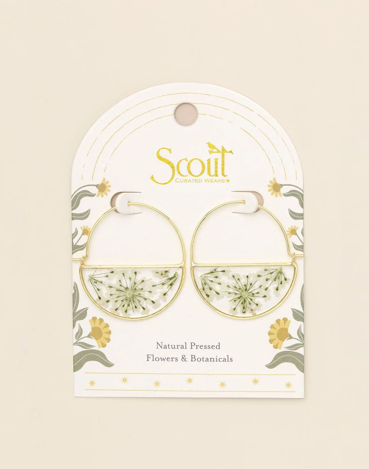 Pressed Flower White Lace Flower Gold Hoop Earrings