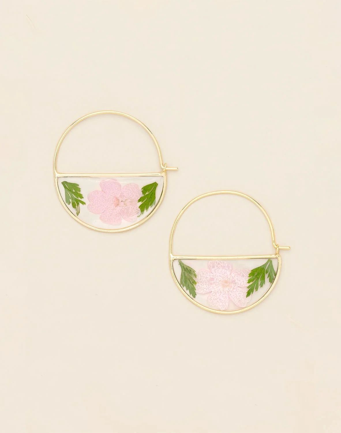 Pressed Flower Pink Cherry Blossom Gold Hoop Earrings