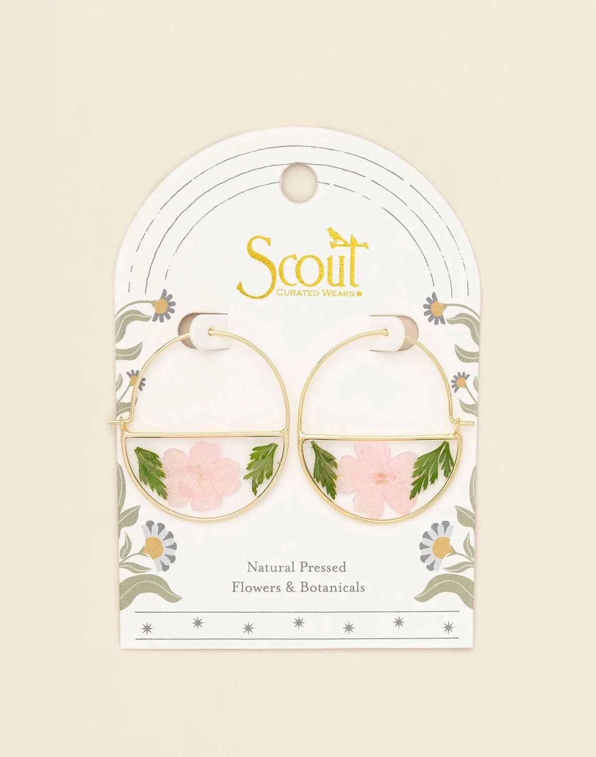 Pressed Flower Pink Cherry Blossom Gold Hoop Earrings