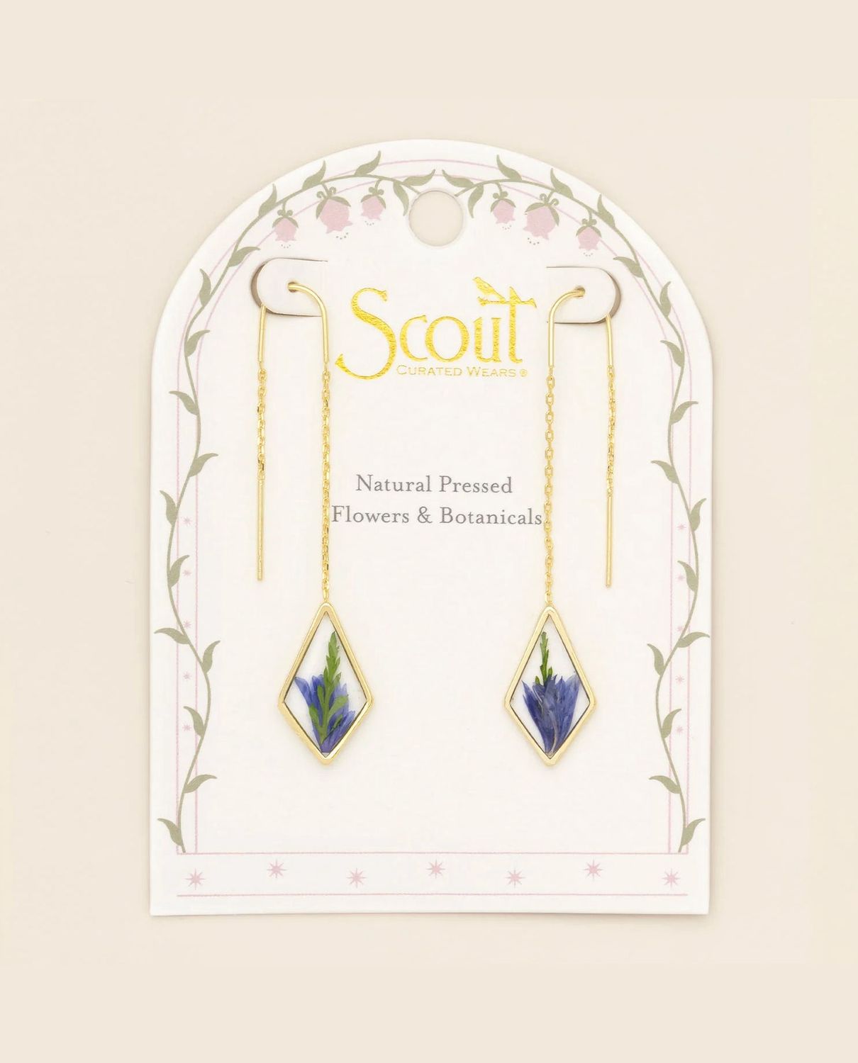 Pressed Flower Purple Cornflower Gold Thread Earrings