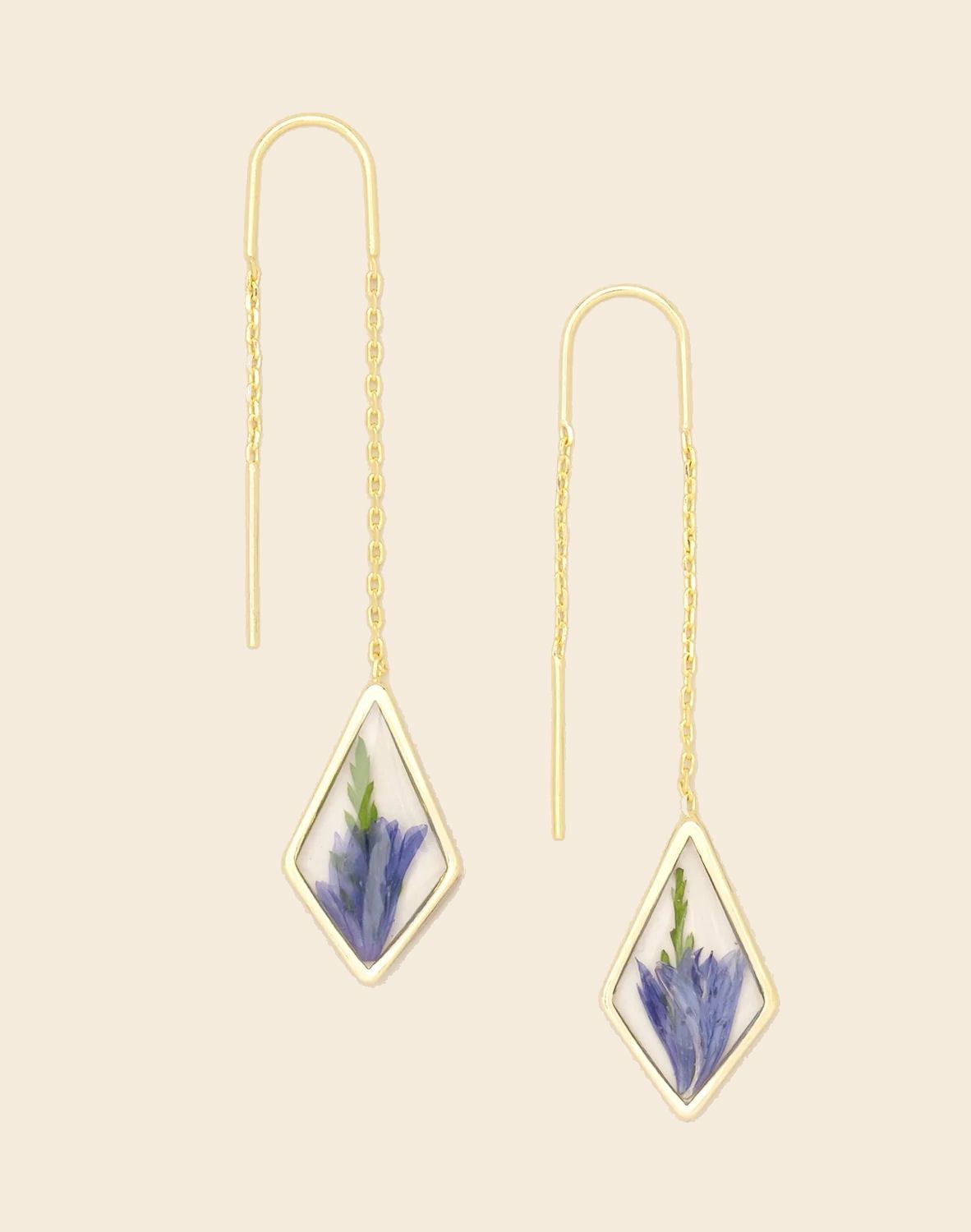 Pressed Flower Purple Cornflower Gold Thread Earrings
