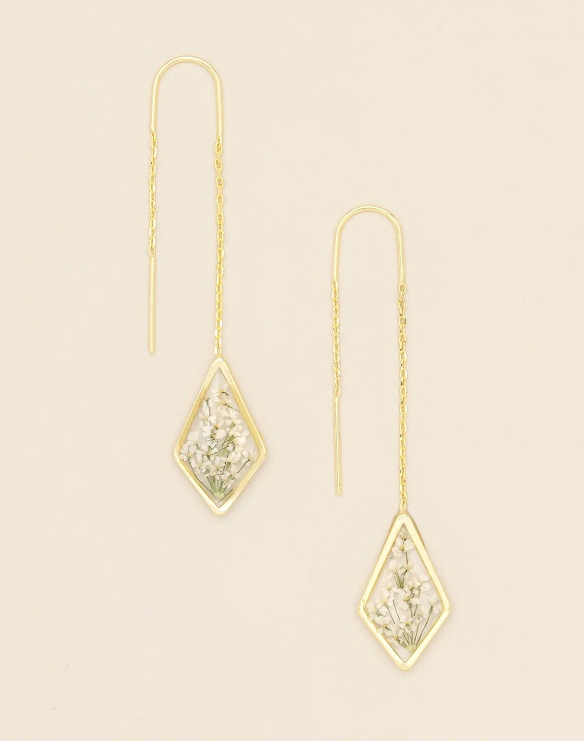 Pressed Flower White Lace Flower Gold Thread Earrings
