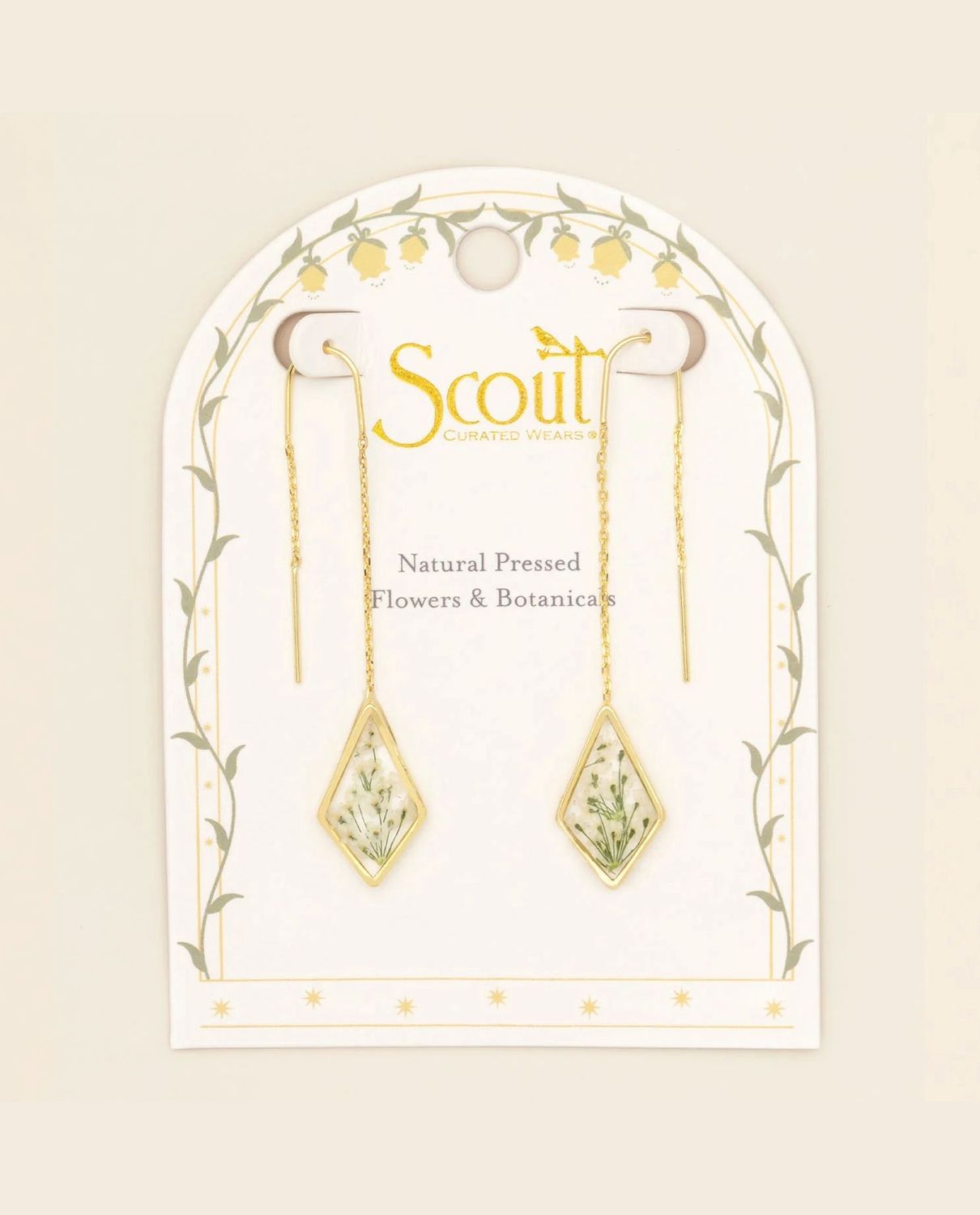 Pressed Flower White Lace Flower Gold Thread Earrings
