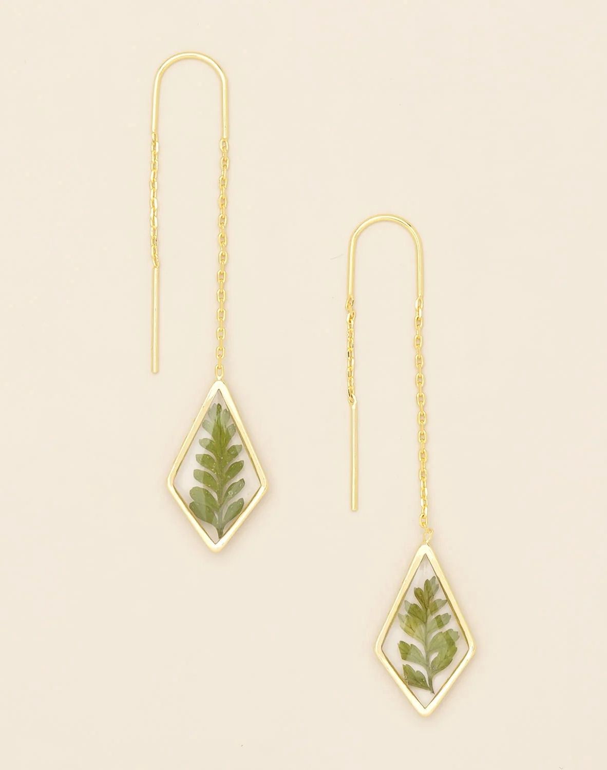Pressed Flower Green Bracken Fern Gold Thread Earrings