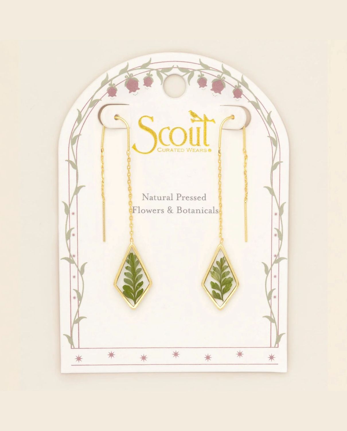 Pressed Flower Green Bracken Fern Gold Thread Earrings