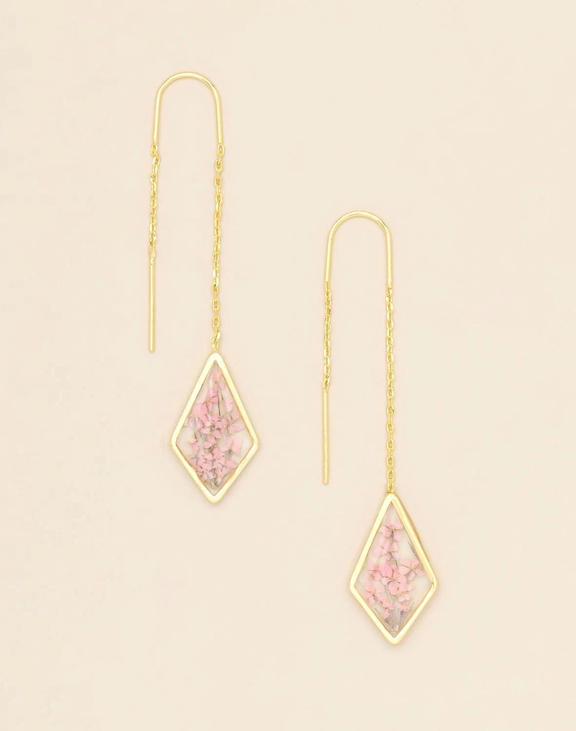 Pressed Flower Pink Lace Flower Gold Thread Earrings