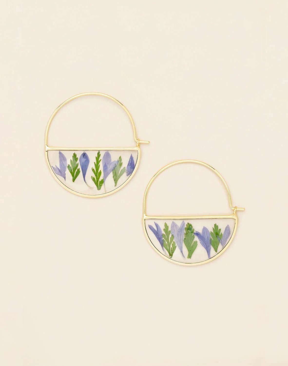 Pressed Flower Purple Cornflower Gold Hoop Earrings