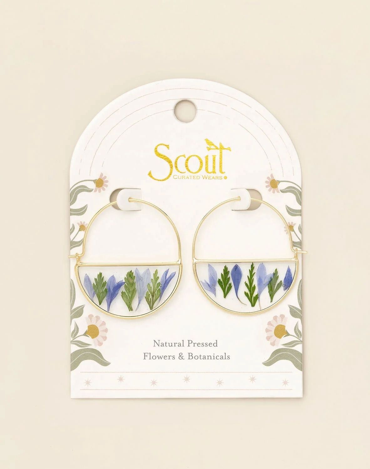Pressed Flower Purple Cornflower Gold Hoop Earrings
