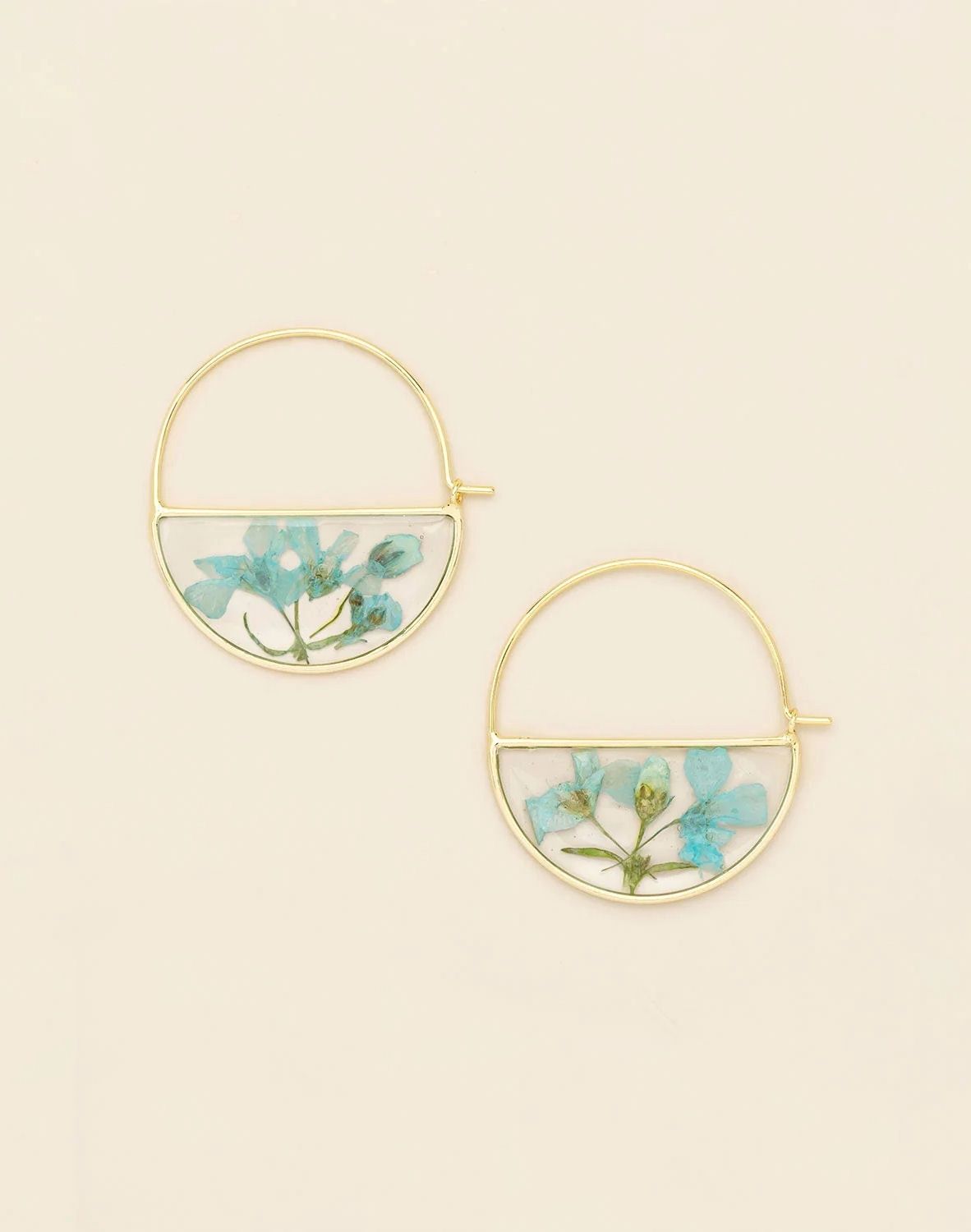 Pressed Flower Blue Baby's Breath Gold Hoop Earrings