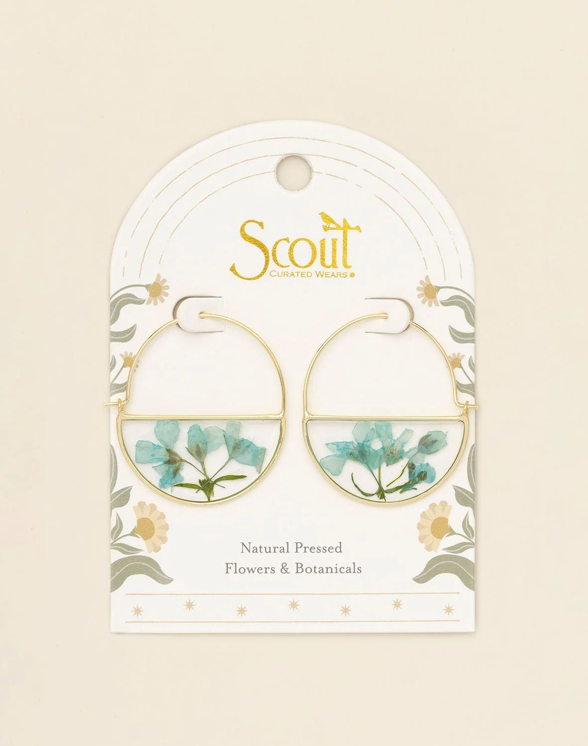 Pressed Flower Blue Baby's Breath Gold Hoop Earrings