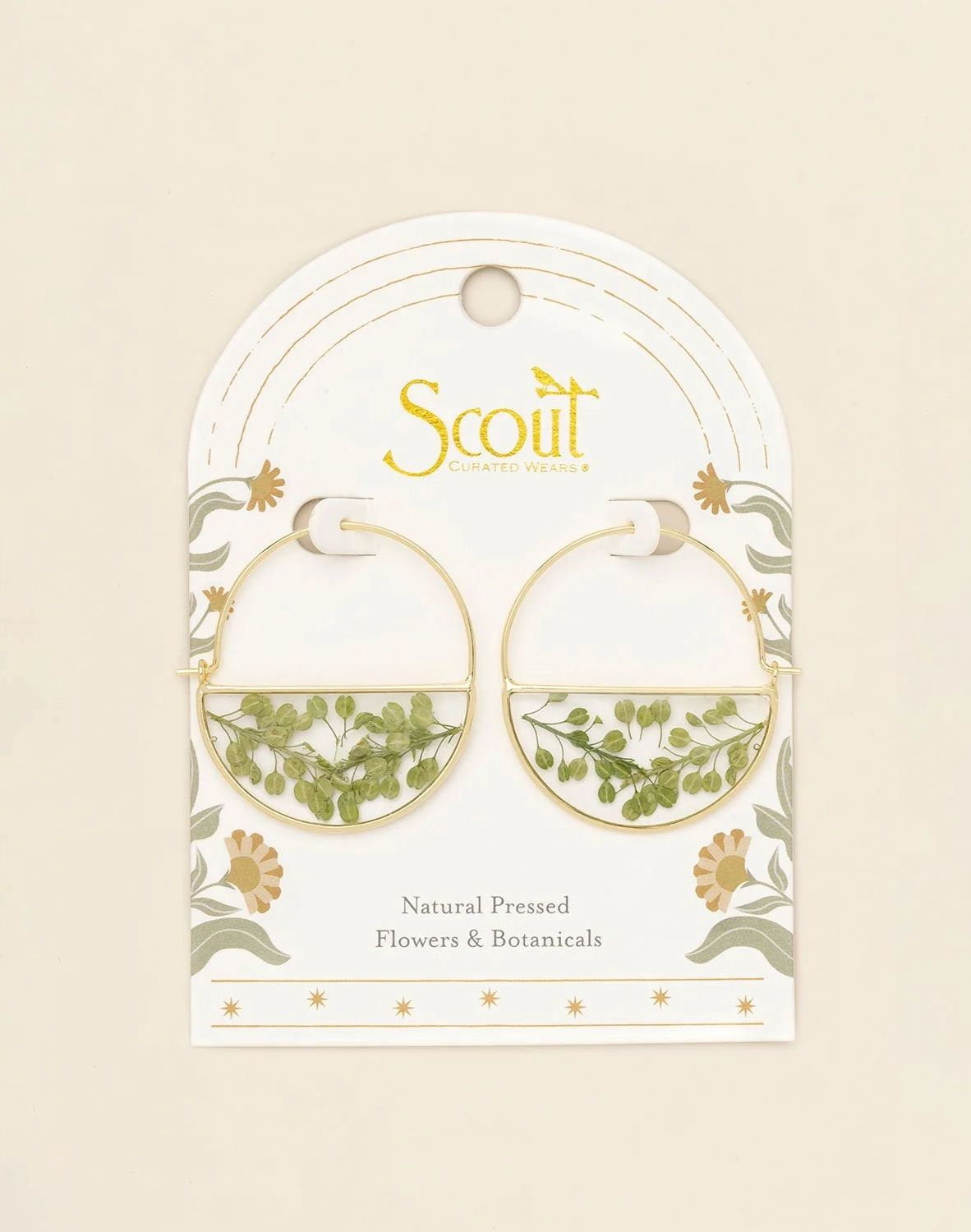 Pressed Flower Green Peppergrass Gold Hoop Earrings