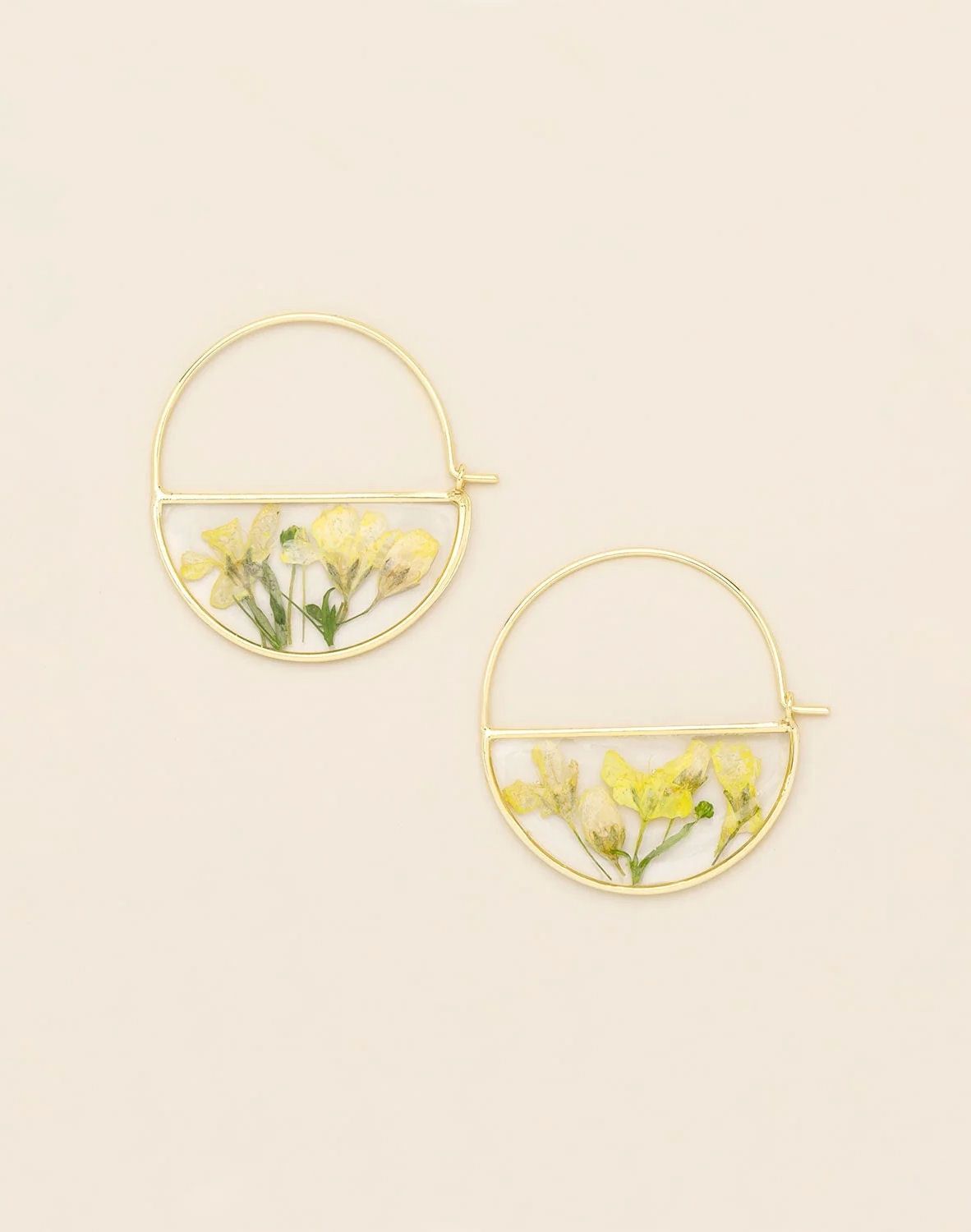 Pressed Flower Yellow Baby's Breath Gold Hoop Earrings