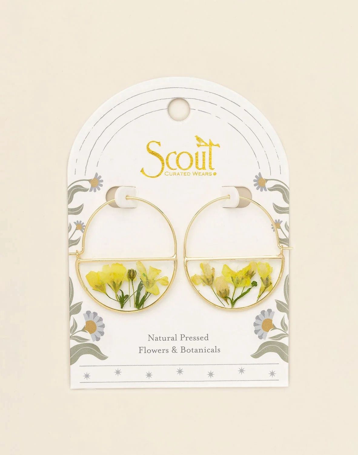 Pressed Flower Yellow Baby's Breath Gold Hoop Earrings