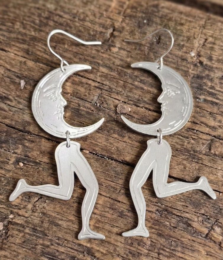 Moonwalker Moon With Legs Silver Earrings