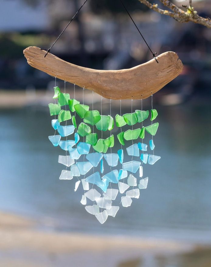 Aqua, Turquoise And Green Driftwood And Upcycled Glass Chime