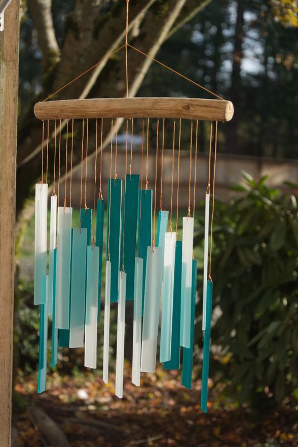 Teal And White Skyline Tumbled Glass Wind Chime