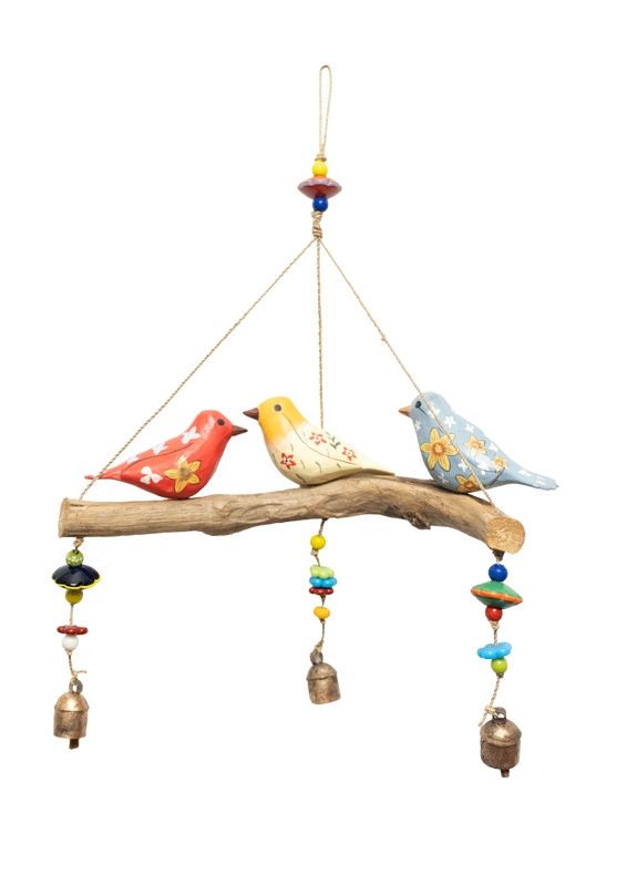 Three Birdies Hand Painted Wood Beads And Bells