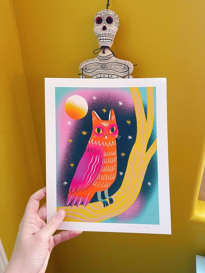 Orange Owl Cat Art Print 8x10