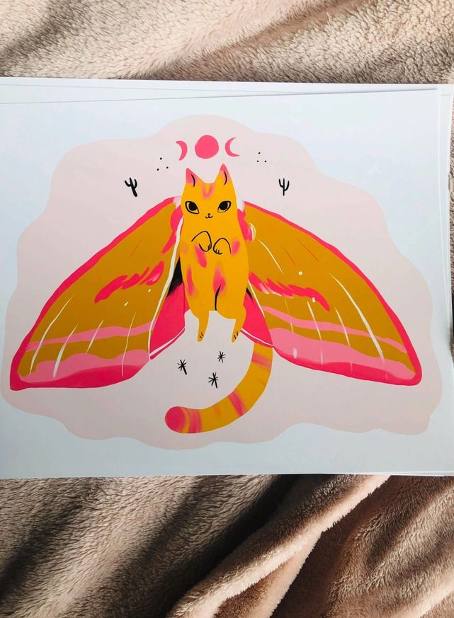 Pink Cat Moth Art Print 8x10