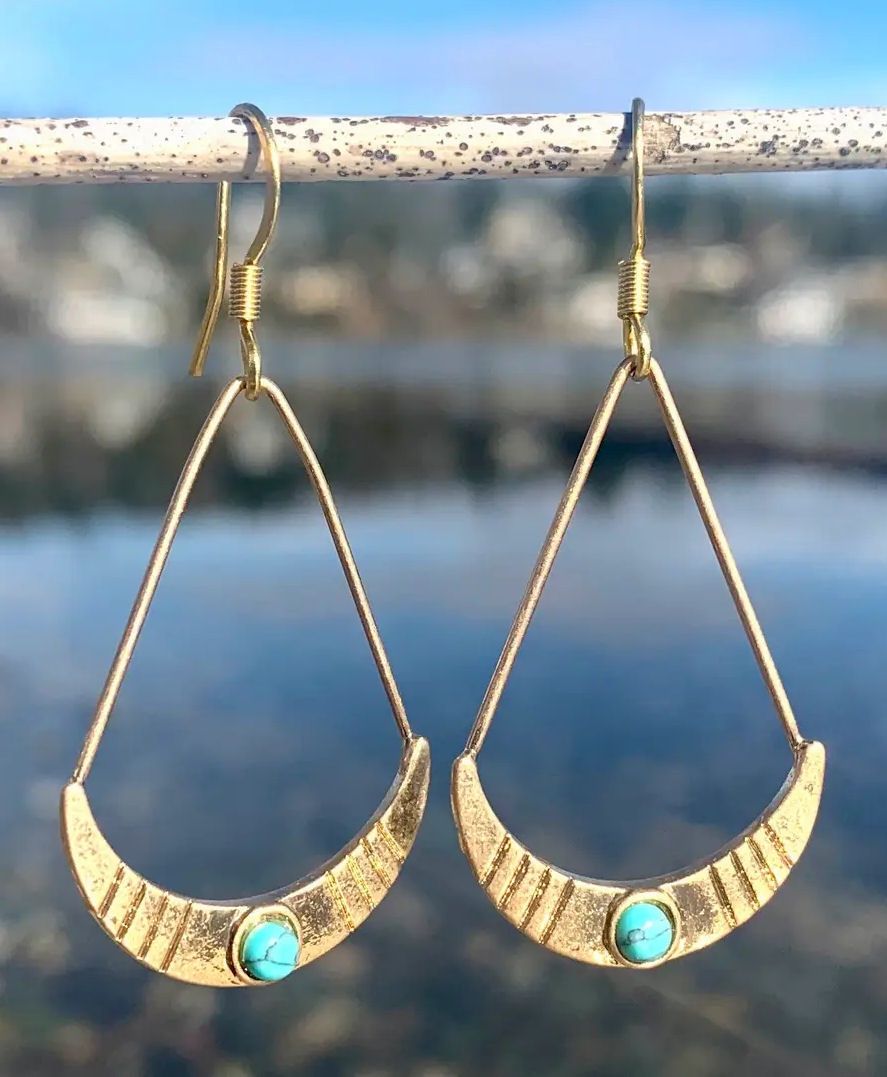 Crescent Hoop Gold And Turquoise Earrings