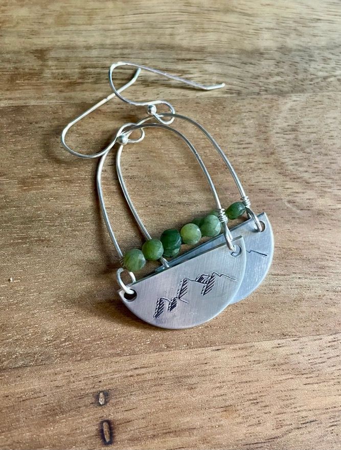 Hand Stamped Silver Mountains With Faceted Jade Stones