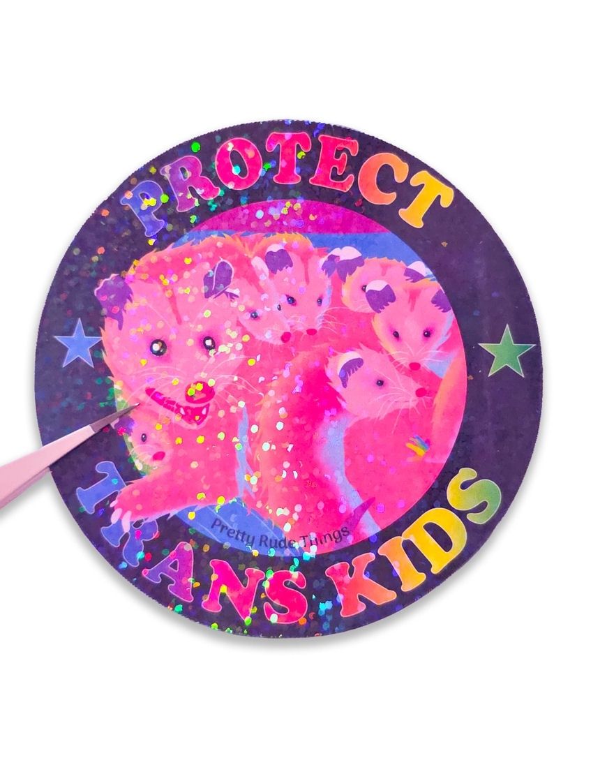 Protect Trans Kids Possum Holographic Dots Sticker