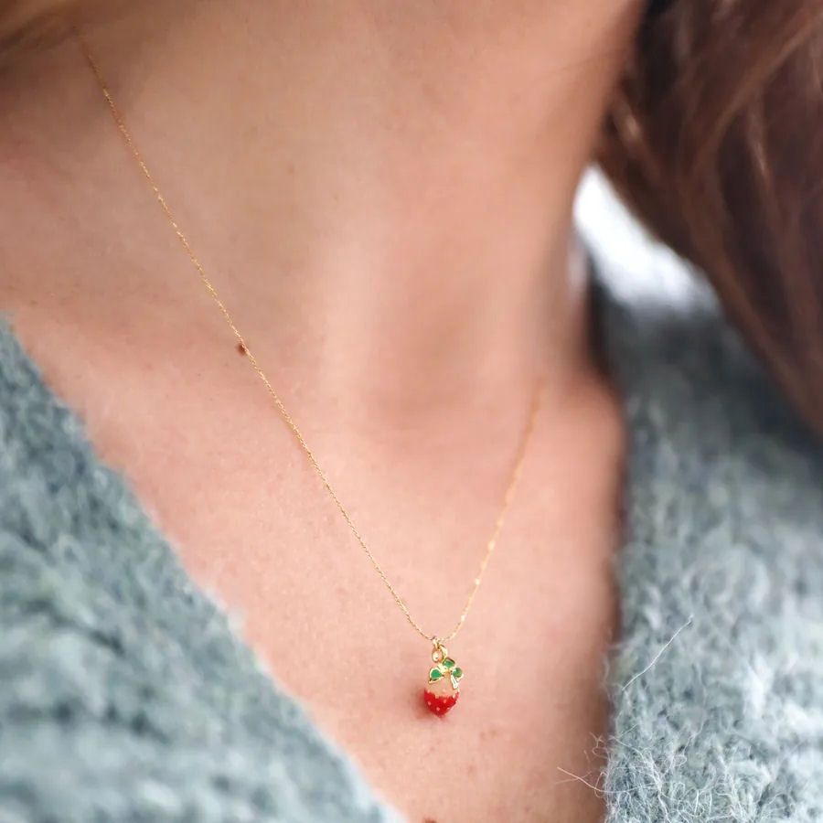 Tiny Enamel Strawberry Pendant Gold Necklace