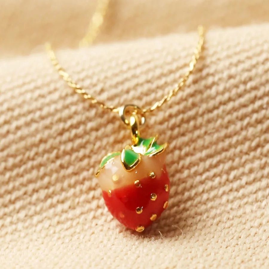 Tiny Enamel Strawberry Pendant Gold Necklace