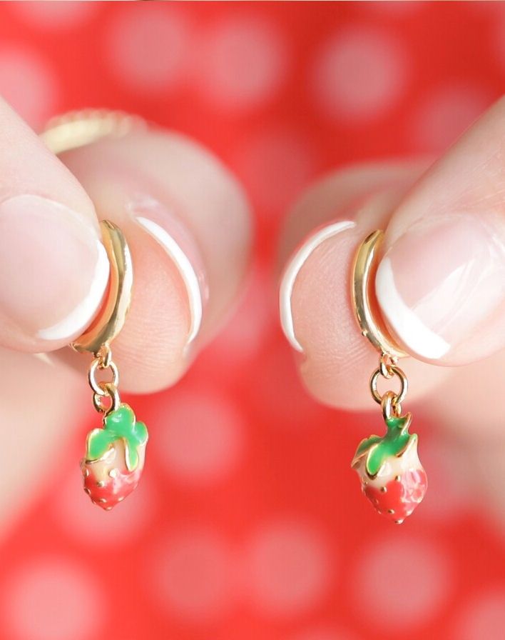 Enamel Strawberry Gold Huggie Hoop Gold Earrings