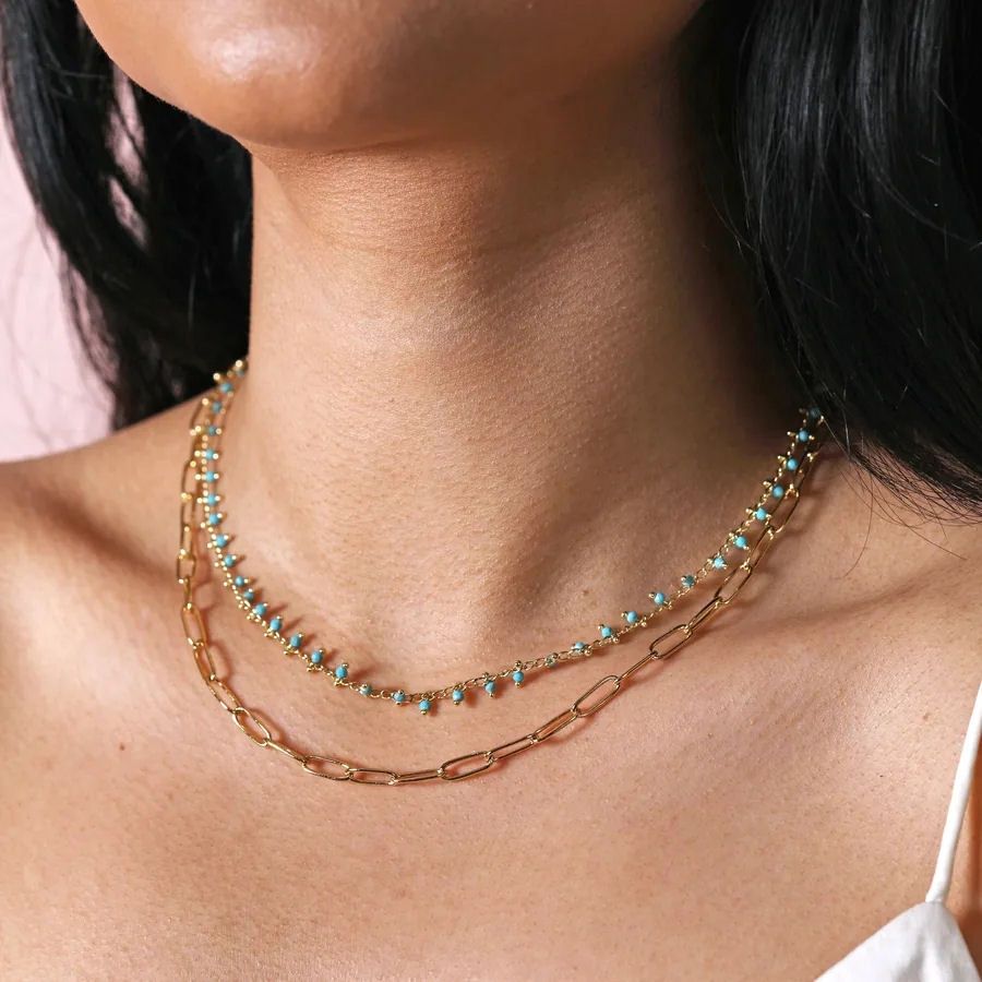 Teal Stone Droplet And Cable Chain Layered Gold Necklace