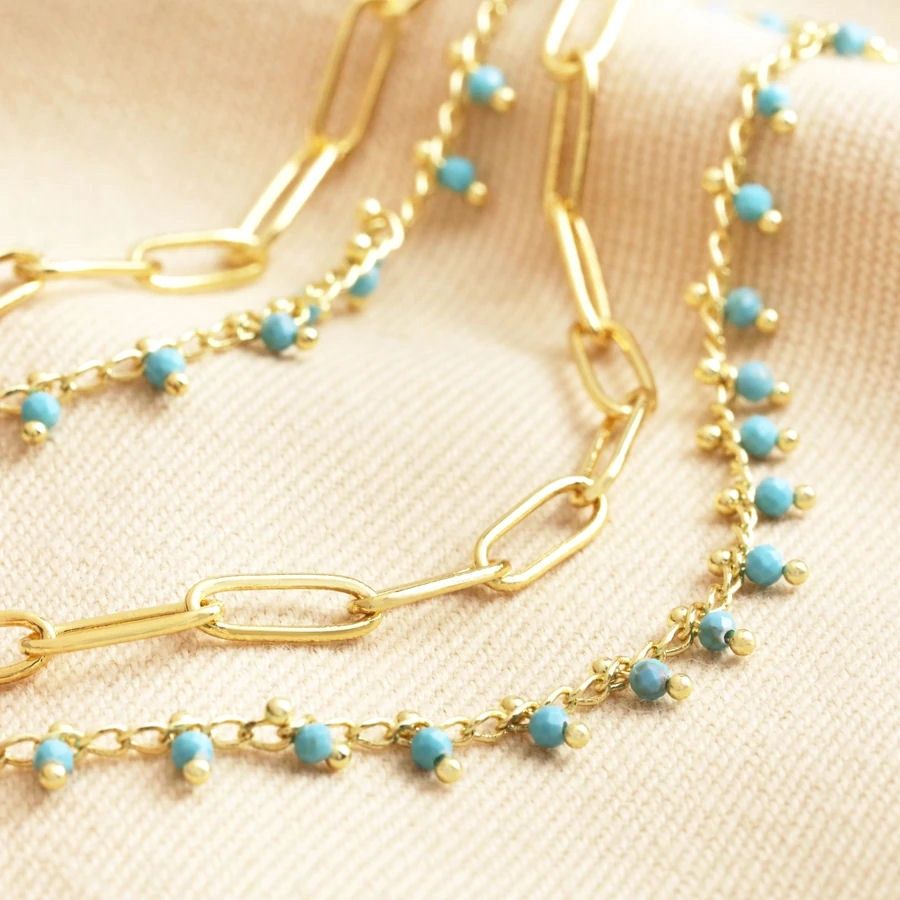 Teal Stone Droplet And Cable Chain Layered Gold Necklace
