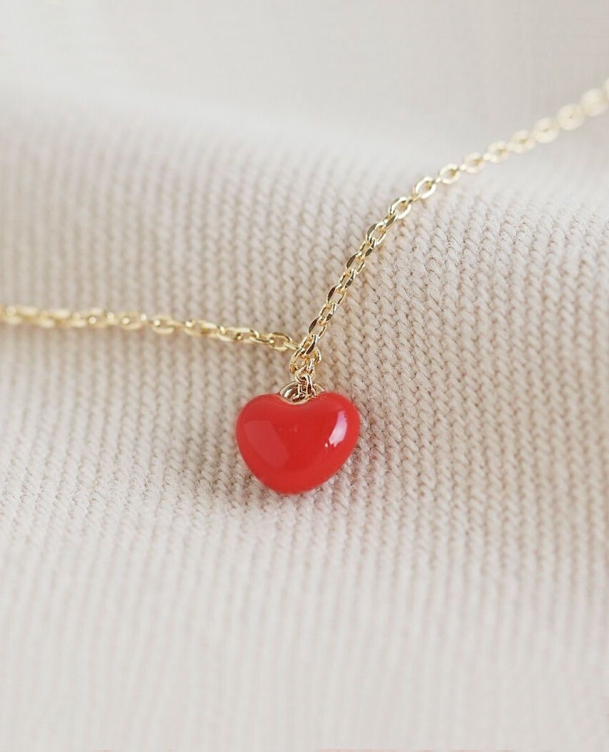Tiny Red Enamel Heart Gold Necklace
