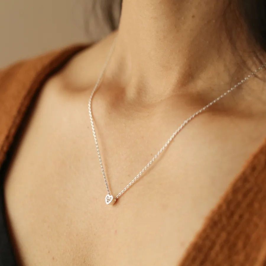 Tiny Crystal Heart Silver Necklace
