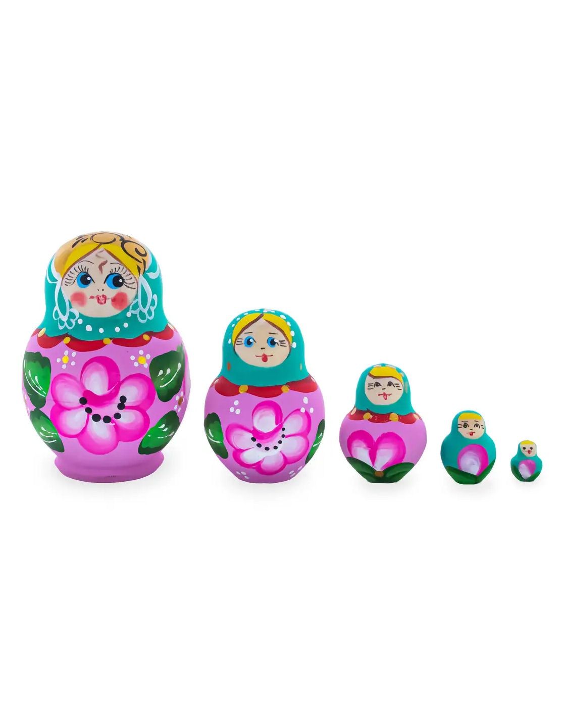 Green Blue Hood With Pink Flowers Nesting Dolls
