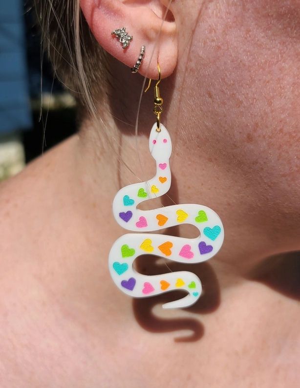White Snakes With Rainbow Hearts Earrings