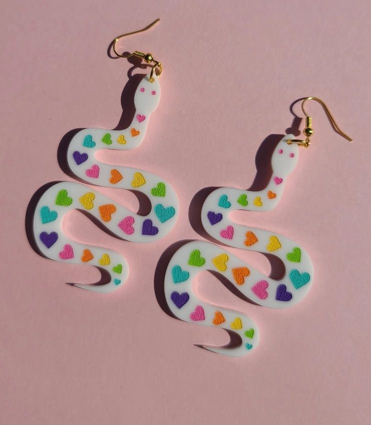 White Snakes With Rainbow Hearts Earrings