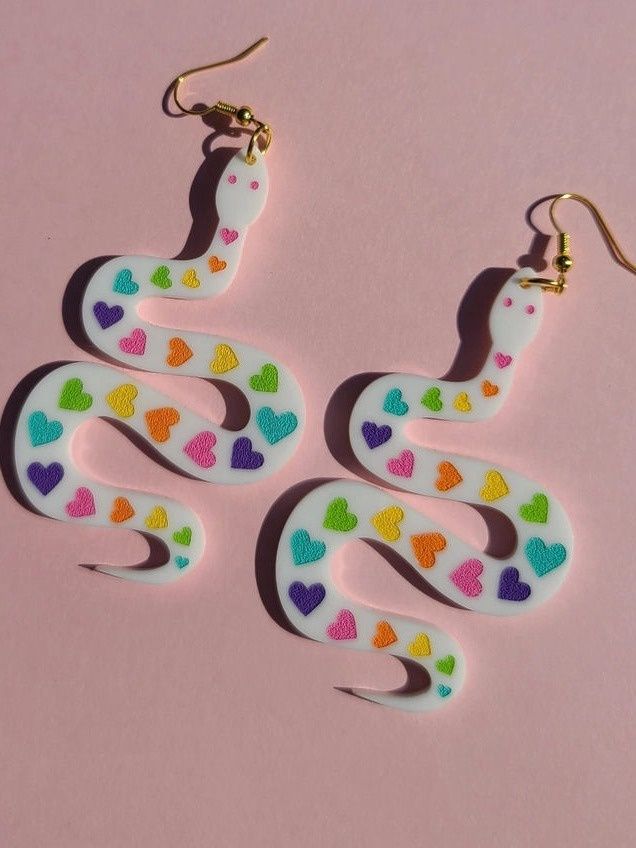 White Snakes With Rainbow Hearts Earrings