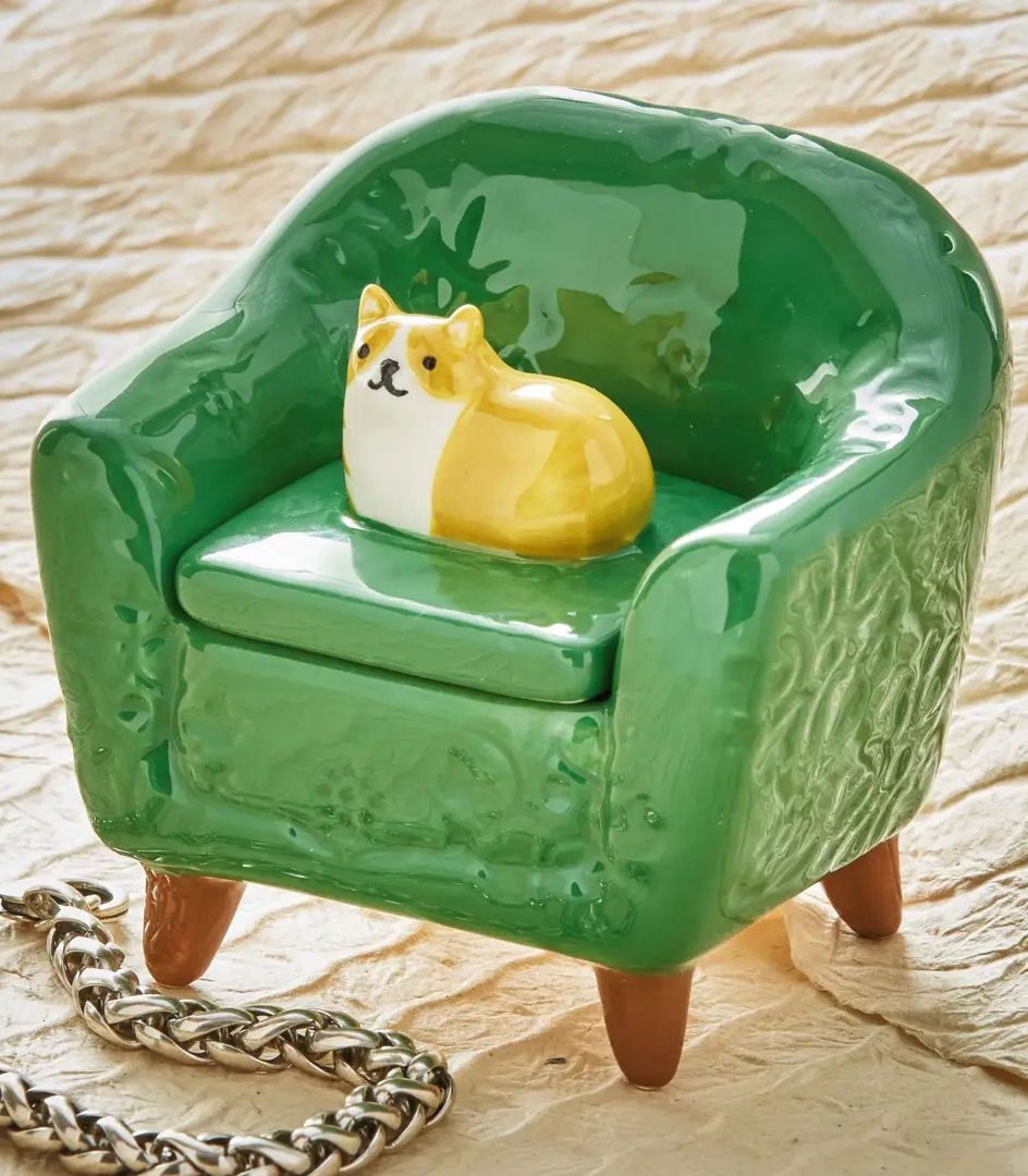 Orange Cat In Green Chair Lidded Trinket Box